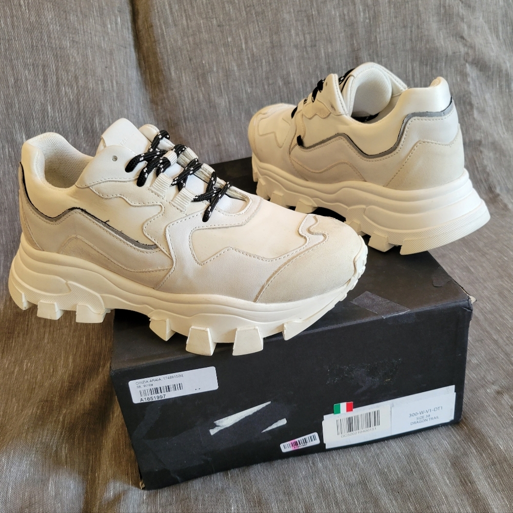 New Women's Italy's Cinzia Araia White Grey Leather Bulky Sneakers Size 8 US - Picture 1 of 16